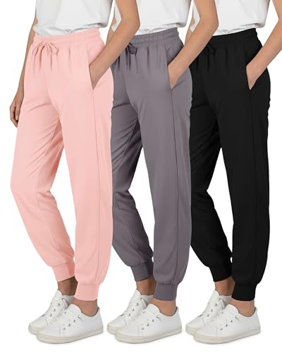 Real Essentials 3 Pack: Girls Dry-Fit Jogger Sweatpants - Kids Teens Running Athletic Pants with Pockets -Set 7 L (14)