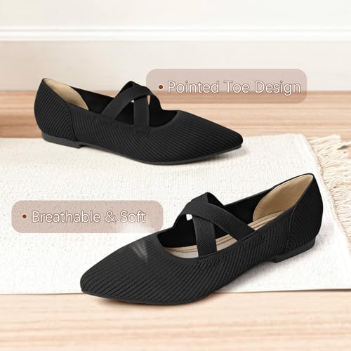 Image of TINGRISE Womens Mary Jane Flats Knit Ballet Flats for Women Pointed Toe Dressy Comfortable Slip-On Flats Shoes for Work Casual
