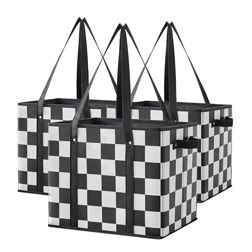Ohocut Checkered Reusable Grocery Bags Heavy Duty Black and White Checkerboard 3 Pack Foldable Shopping Bags with Handles for Groceries Collapsible Tote