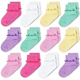 CozyWay Toddler Ruffle Socks - 9-24 Months 12 Pack Pink, Yellow & Green - Cotton Breathable Ankle Socks with Reinforced Toe for Baby Girls