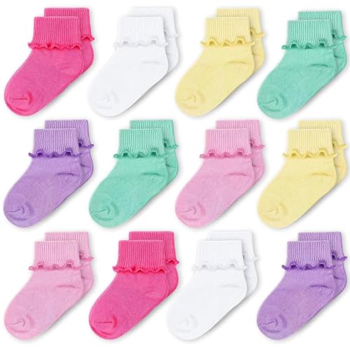 Image of CozyWay Baby Ruffle Socks Baby Girl Turn Cuff Ankle Comfy Cotton Socks Infant - 12 Pack