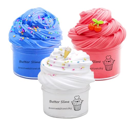 3 Pack Butter Slime Kit Fidget Toy, Blue White and Red Colored, Kids Party Favors, Goodies Bag Toy, Easter Egg Filling Stuffers, X'Mas Stocking Stuffers