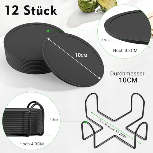 Pesutei 12 Stück Untersetzer Gläser, 10CM Silikon Untersetzer, Schwarz Untersetzer Silikon mit Edelstahlständer, rutschfest und Isoliert Untersetzer für Getränke, Kaffee, Weingläser