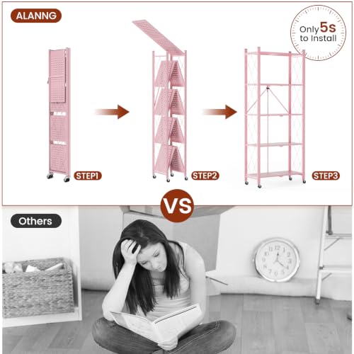 Image of ALANNG 60.6 Inch Folding Bookshelf, 5 Tier Metal Bookcase and Bookshelves | Tall Shelves for Living Room Office Bedroom, Heavy Duty Book Shelve Free Standing Open (Pink, 4PACK)