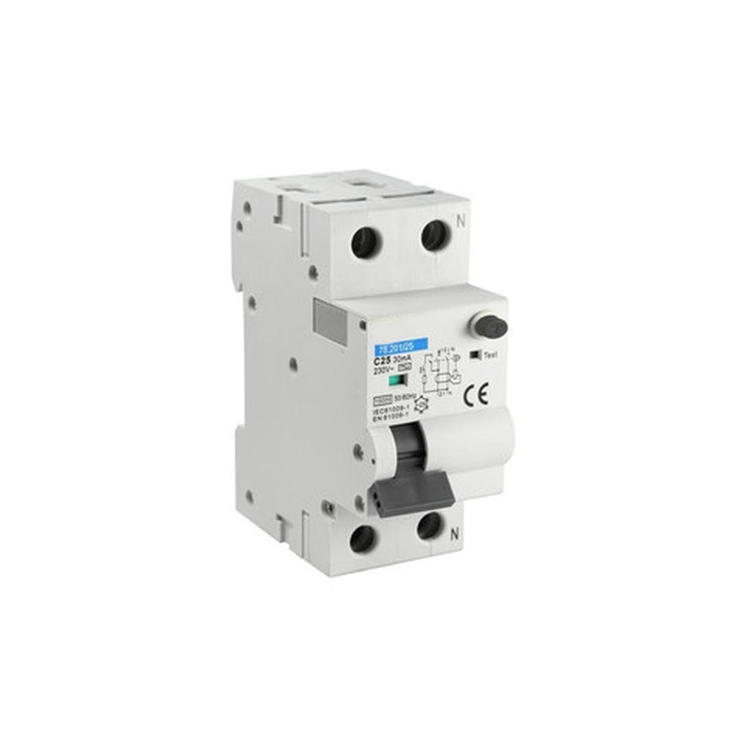 Interruttore differenziale magnetotermico 1P+N 63A 30mA 6KA, protezione dei circuiti elettrici e prevenzione delle elettrocuzioni.