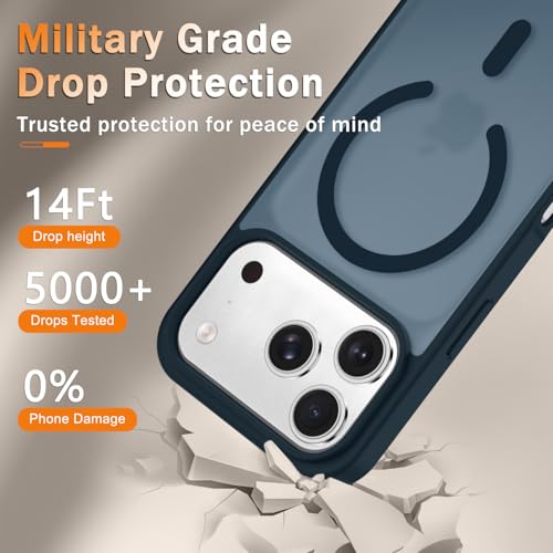 Image of YENAPOON for iPhone 17 Pro Max Case, Matte Magnetic Phone Cover [with 1 Screen Protector] [Support for MagSafe] [Shockproof Military Grade Protection] Translucent Frosted Back, Navy Blue