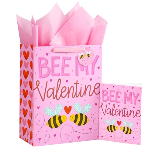 Loveinside Bolsa de presente de Dia dos Namorados, design Pink Bee My Valentine com lindas abelhas e corações, bolsa de presente de tamanho médio com papel de seda, etiqueta, cartão para casamento
