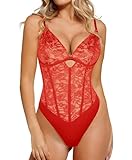 Popilush Red Lace Bodysuit Shapewear Tummy Control Big Bust V Neck Corset Body Suits Sleeveless Going Out Tops Plus Size