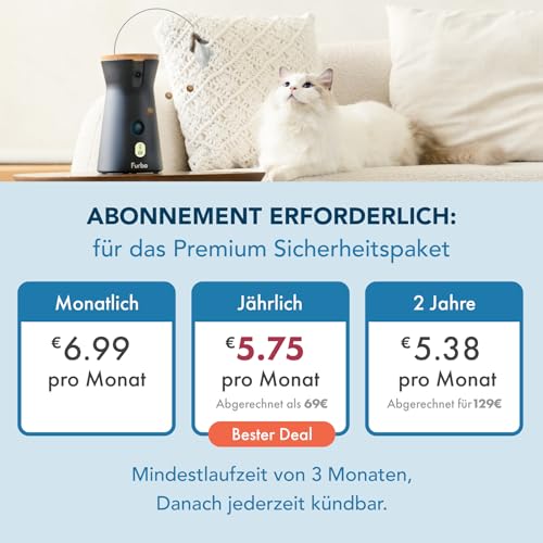 Furbo 360° Katzenkamera mit Heimsicherheits-Paket [Premium MIT ABO]: Intelligente Kamera mit App für Katze & Heim, Rotierende 360° Sicht, Farbnachtsicht, Tracking, Leckerliwurf, Miauen-Alarm UVM.