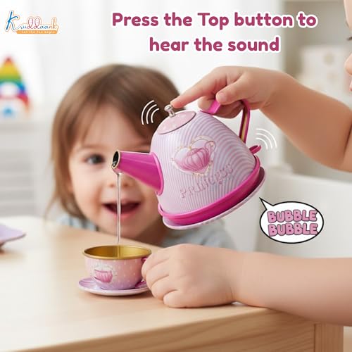 Image of Disney Princess 14-Piece Tin Tea Set for Girls - Portable Fantasy Tea Party Set with Teapot & Cups - Safe & Durable Metal Pretend Play Learning Toy|Birthday Gift for Kids Ages 3+ (Pink)