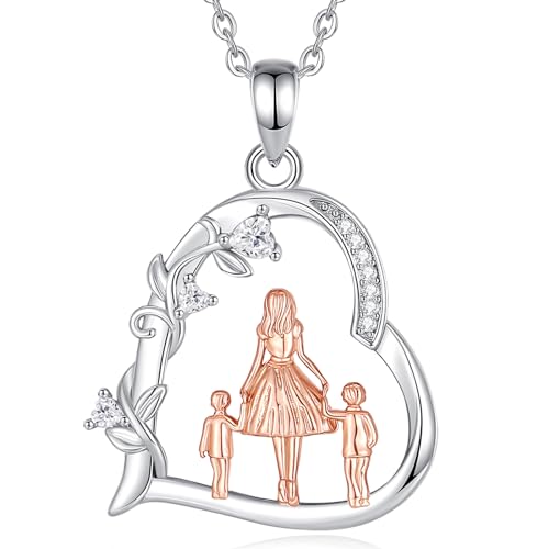 EUDORA Sterling Silver Heart Mom Necklace for Women, Mother and Two Sons Necklaces Mama Momma Pendant Mommy Jewelry Mothers Day Gifts for Mom from Son, Gifts for Mother in Law Stepmother Wife,18"+20"