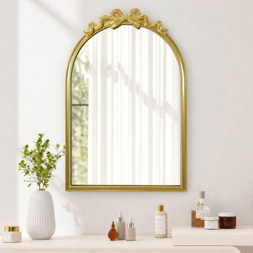 Qiqiong Arched Gold Bow Mirror 24”x36” Vintage Mirrors Baroque Wall Decor
