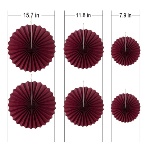 Image of MOWO Burgundy Wine Red Paper Fans Hanging Decoration, 6pc | Birbirthday graduation wedding retirement baby shower new year valentines day party decoration