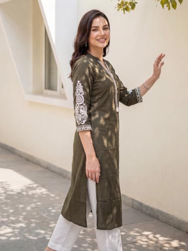 Image of INDO ERA Women's Cotton Straight Fit Floral Embroidered Kurta (KT0GN9776)