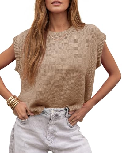 Image of Saodimallsu Womens Summer Cap Sleeve Tops 2026 Waffle Knit Going Out Casual Loose Crew Neck Lightweight Sweater Vest