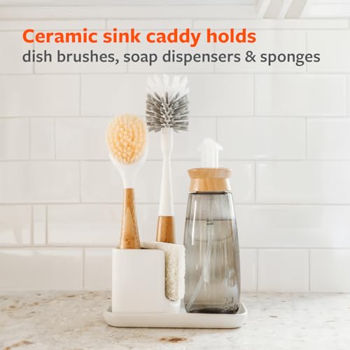 Image of Full Circle Stash, Ceramic Kitchen Sink Caddy, Stylish Sponge Holder & Dish Brush Organizer, Easy to Clean, Dishwasher Safe, Rustproof, White and Gray