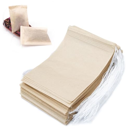 Aieino 100pcs Biodegradable Disposable Tea Filter Bags - 7x9cm Natural Paper Drawstring Infuser for Loose Leaf, Coffee & Spices