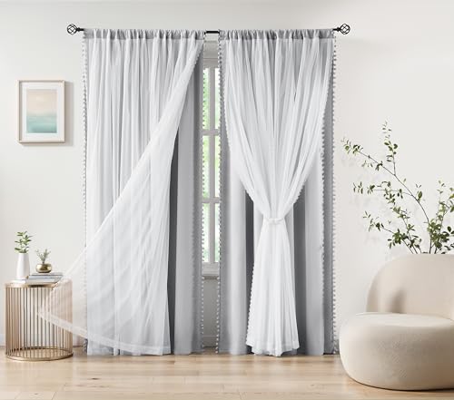 Image of Treatmentex Pom-Pom Blackout Curtains with Sheer Overlay for Living Room Bedroom Kid's Nursery Room, Grey Mix and Match Double Layer Room Darkening Window Curtain Panels with Tie Backs, 2 pcs, 52x84