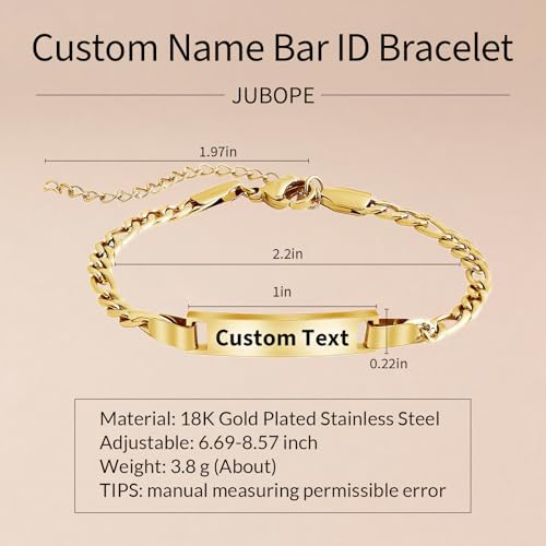 Custom Name Bar ID Bracelets, Personalized 18k Gold Plated Engrave Charm Bracelet with Name Birthstone,Customized Birthday Christmas Mother's Day Gifts for Women Girls Mom-Adjustable Length3
