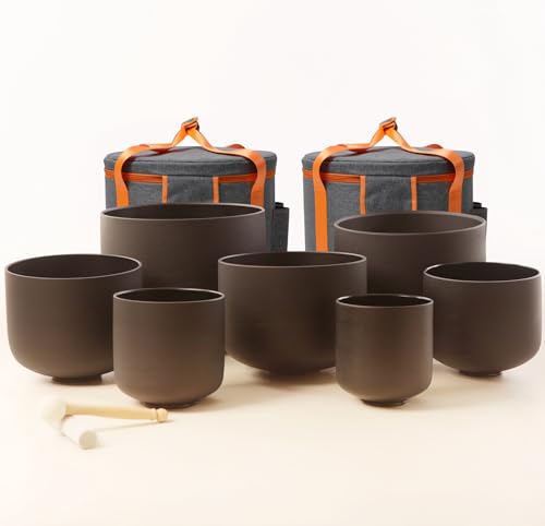 Rilauor Set of 7 size 6-12 inch Black Chakra Tuned 432hz Quartz Crystal Singing Bowls with Heavy...