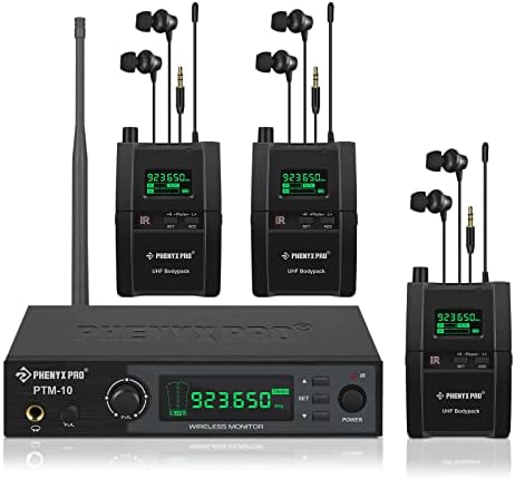 Wireless In Ear Monitor System, Phenyx Pro True Stereo UHF IEM, In Ear Monitors for Musicians, Metal Stage Monitor w/ 3 Bodypacks, 89 Frequencies, 164ft Coverage, Rack Mount, for Studio/Band (PTM-10B)