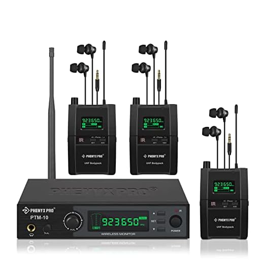 Wireless In Ear Monitor System, Phenyx Pro True Stereo UHF IEM, In Ear Monitors for Musicians, Metal Stage Monitor w/ 3 Bodypacks, 89 Frequencies, 164ft Coverage, Rack Mount, for Studio/Band (PTM-10B)