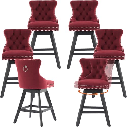 Wine Red Swivel Bar Stools Set of 6 with Backs,
