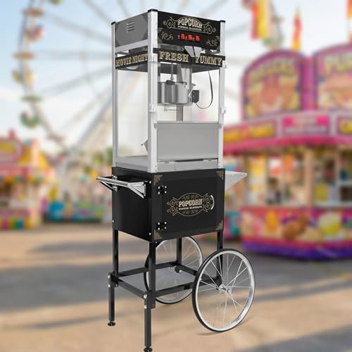 Image of 26oz Commercial Popcorn Machine Vintage Black Pop Corn Popper Cart | 26OZ Non-stick Stainless Steel Kettle, 3-Switch Control, Home Theater Style for Movie Night, Party, Office, School, Business