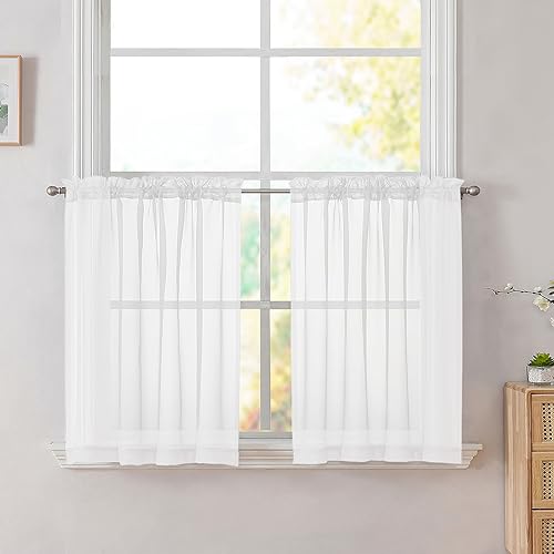 Image of Simplebrand White Tier Curtains for Kitchen 24 Inches Long 2 PaSet, Rod Pocket Cafe Curtain Light Filtering Sheer Short Curtains for Bathroom /Basement Half Window 42 x 24 Inch, 2Pcs, White
