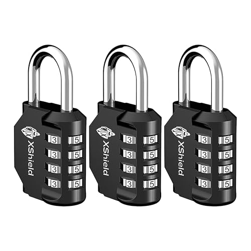 XShield 4-Digit Combination Padlock | Heavy-Duty Keyless Lock with 10,000 Code Options | Weather-Resistant Alloy Body | Ideal for Lockers, Gates, Gym, Outdoor & Travel – Black (Pack of 3)