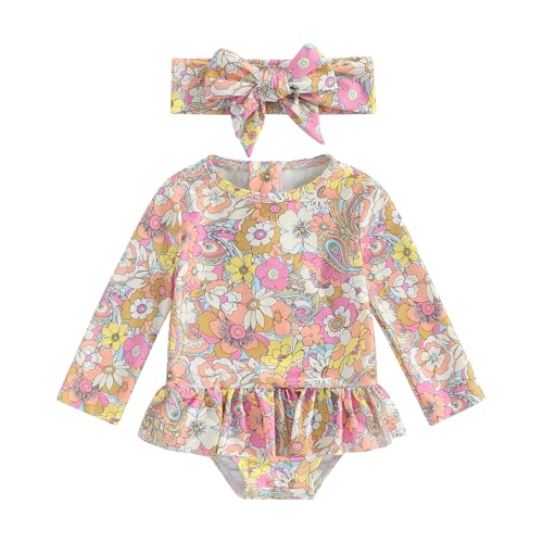 Image of MERSARIPHY Toddler Baby Girl One-Piece Swimsuit Zipper Long Sleeve Swimsuit Girls Bathing Suit Rash Guard Beachwear