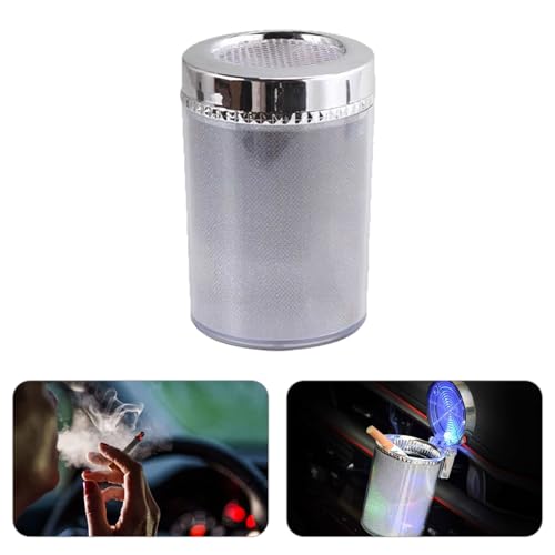 Image of Car Ashtray with lid Smell Proof, Smoke-free portable mini car trash can with LED Blue Light,Removable Stainless Steel Car Cup Holder Universal Car Interior Accessories(Colorful)