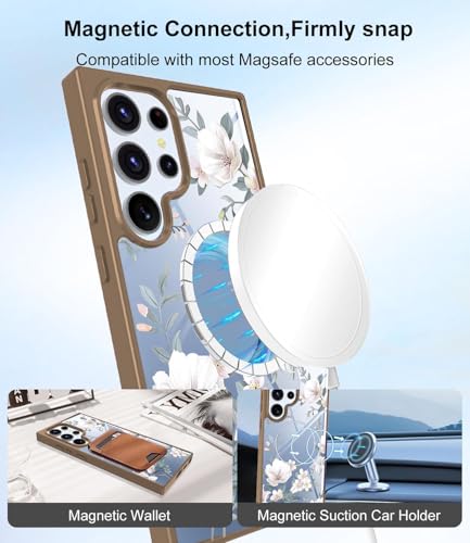 Image of VONZEE Compatible with Samsung Galaxy S25 Ultra 5G Case Luxury Retro Flowers Floral Clear For Magnetic Wireless Charging Case Shockproof PC+TPU Cute Glossy Shiny Cover for Girls Women, Desert Titanium