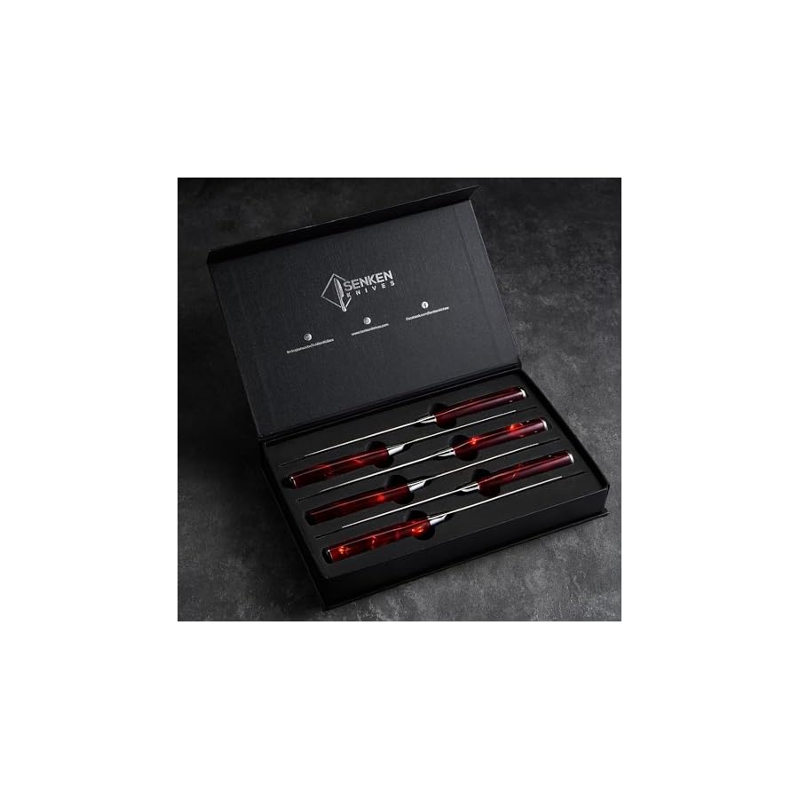 SENKEN Professional Steak Knife Set with Engraved Damascus Pattern, Razor Sharp Blade, High Carbon Stainless Steel with Beautiful Gift Box, Blue & Red Resin Handles