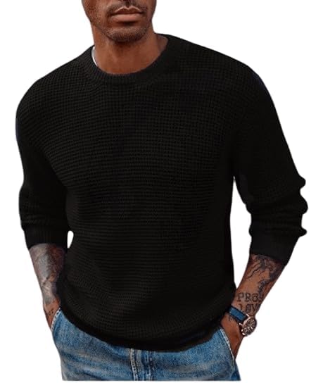 Image of ColorChakra Waffle Knit Mens Sweater Woolen Round Neck Wool Pullover