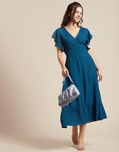 Image of Moomaya Women's Printed Dress, V-Neck, Short Sleeves, Ruffled Midi Summer Dress