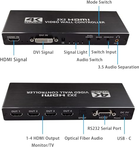 Image of MICROWARE 2x2 HDMI Video Wall Controller, 1080P@60Hz HD-MI DVI TV Wall Processor with Audio Out, 4K HDTV Video Image Processor with RS232, Support 180 Rotate, 2x2 1x2 1x3 1x4 2X1 3x1 4x1