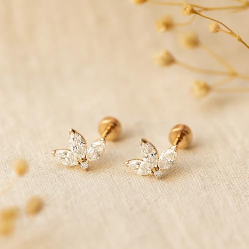 Image of 925 Silver Leafy Stud Earrings, 18K 1 Micron Gold Vermeil, White Cubic Zirconia, Screw Back