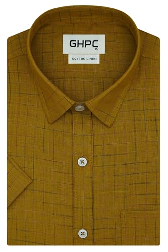 Image of GHPC Cotton Linen Graph Checks Half Sleeves Regular Fit Shirt for Men