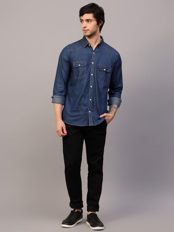 Image of Men's Denim Shirt with Regular Fit Solid Pattern Long Sleeve Collared Neck and Button Down Closure|Men Denim Shirt
