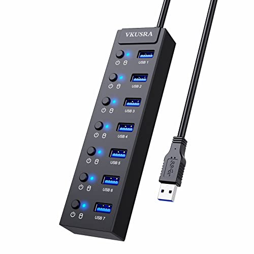USB Hub, VKUSRA USB 3.0 Hub Splitter with 4ft Extended Long Cable, 7 Ports USB Expander Hub with LED Individual On/Off Switches for PC, Laptop, MacBook, Mac, PS4, HDD, Surface Pro and More