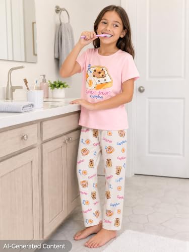 Image of Beezizac Girls Pajamas Cute Print Short /Long Sleeve Pants Set Size 6-18 | Soft Stretch Poly Blend, Comfy Crewneck, Elastic Waist Pants, Everyday & Holiday Sleepwear for Big Girls, Tweens & Teens