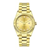 KNISKRED Reloj Clásico para Hombre con Correa Sólida de Acero Inoxidable y Calendario Reloj de Vestir para Caballeros Resistente al Agua (Oro)