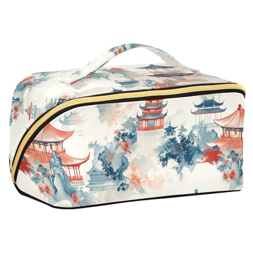 sanluoli Chinese Ink Painting Pavilion Cosmetics Bag with dividers Zipper Capacity Travel Cosmetic Bag Travel-Size Accessories