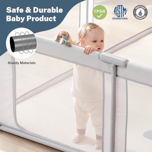 Image of Baby Playpen Portable, Pre-Assembled Play Pen 59x59 Large Foldable Playpen for Babies and Toddlers, Sturdy and Safe Toddler Play Yard Indoor Outdoor with Carry Bag,Light Grey