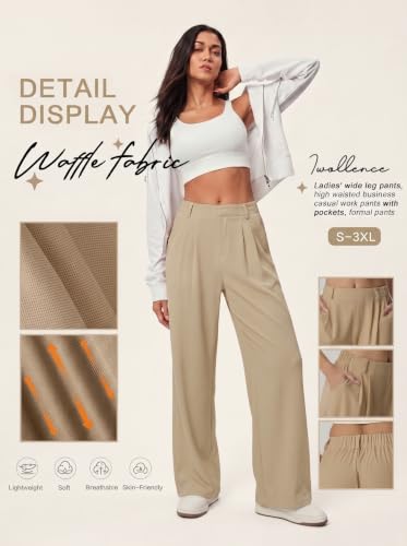IWOLLENCE Women Wide Leg Pants Waffle Stretchy Work Dress Pants Business Casual Outfits Slacks Trousers Dark Khaki — view 5