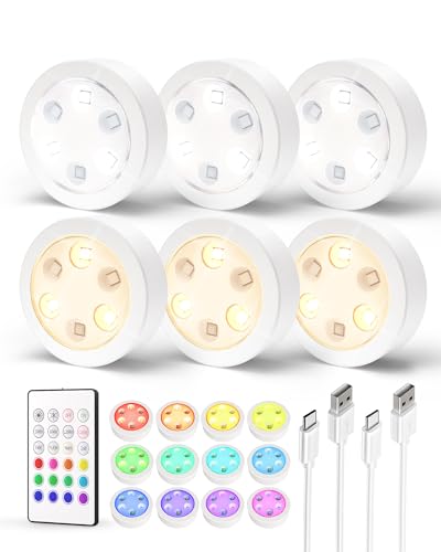 EZVALO Puck Lights with Remote, 14 Colors Changeable RGB LED Under Cabinet Lighting, Dimmable Rechargeable Under Cabinet Lights, Tap Light, Stick on Lights for Kitchen, Counter, Closet (6 Packs)