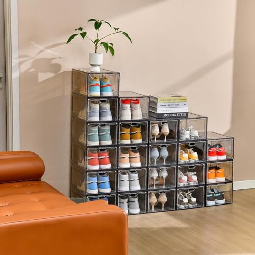 Image of INSTY 12 Pack Gray Transparent Shoe Storage Organizer, Stackable Shoe Boxes for Closet, Drop Front Plastic Shoe Box with Grey Door, Easy to Assemble, Fit up US Size 12(13.4 inchx 9.8 inchx 7.1 inch)