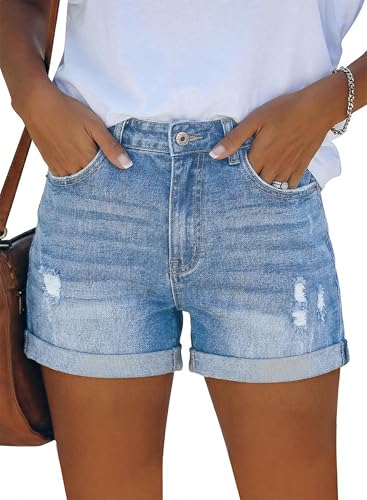 Image of onlypuff Womens Jean Short Cut Off Denim Shorts High Waist Ripped Distressed Stretchy