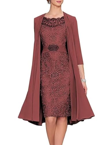 2 Pieces Tea Length Mother of The Bride Dresses with Jacket Beaded Lace Appliques Formal Evening Gown for Wedding